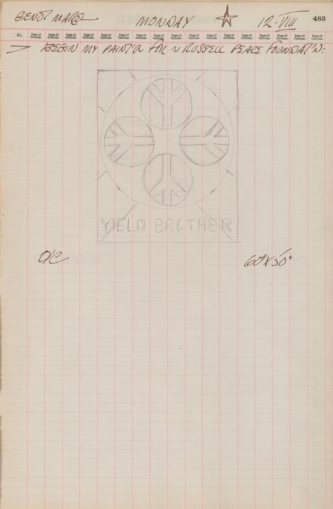 Journal page for August 12, 1963 with a pencil sketch of the painting Yield Brother