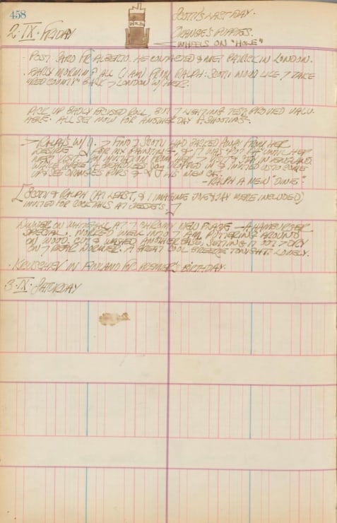 Journal page for September 2–3, 1960 with a small sketch of the sculpture Hole at the top of the page