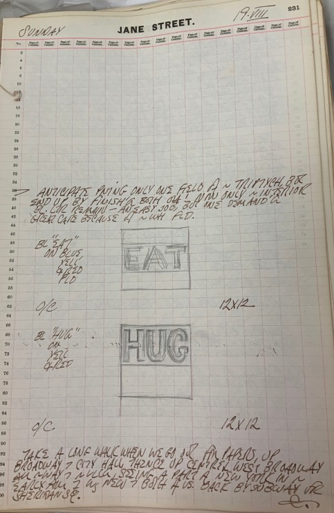 Journal page for August 19, 1962, with black and white sketches of two square paintings, Eat and Hug