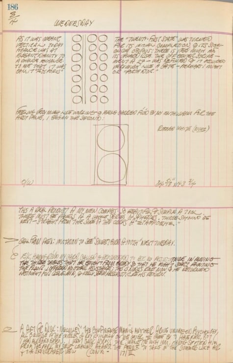 Journal page for April 8, 1959, with sketches of the paintings Twenty-One Golden Orbs and Two Golden Orbs