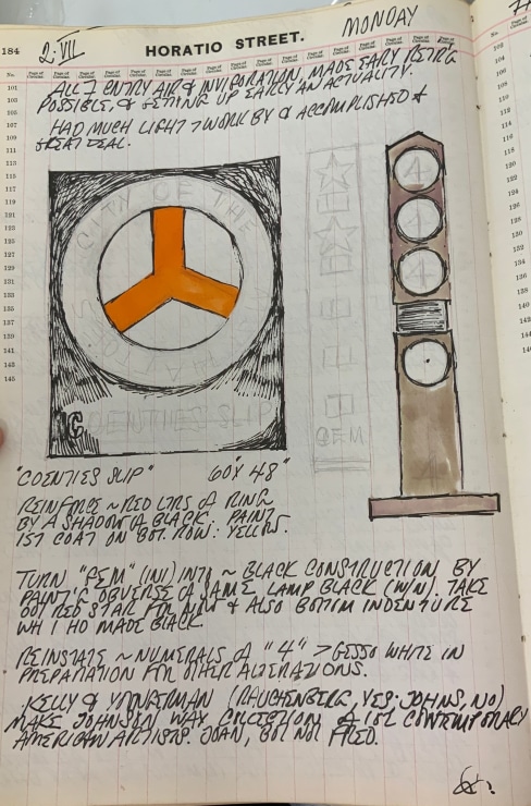 Journal page for July 2, 1962, with a color sketch of an early version of the painting Coenties Slip, a color sketch of the sculpture Four, and a black and white sketch of the sculpture Gem