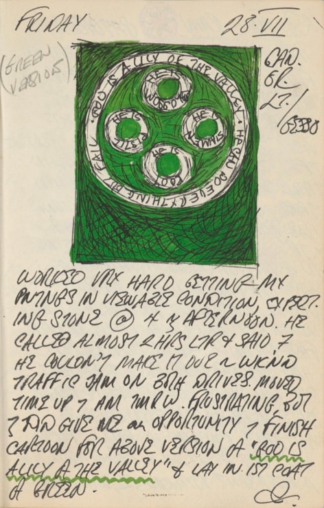 Journal page for July 28, 1961, with a sketch of the green God Is a Lily of the Valley painting
