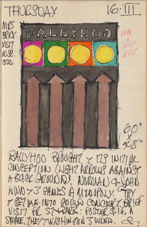Journal page for March 16, 1961, with a color sketch of the painting Ballyhoo