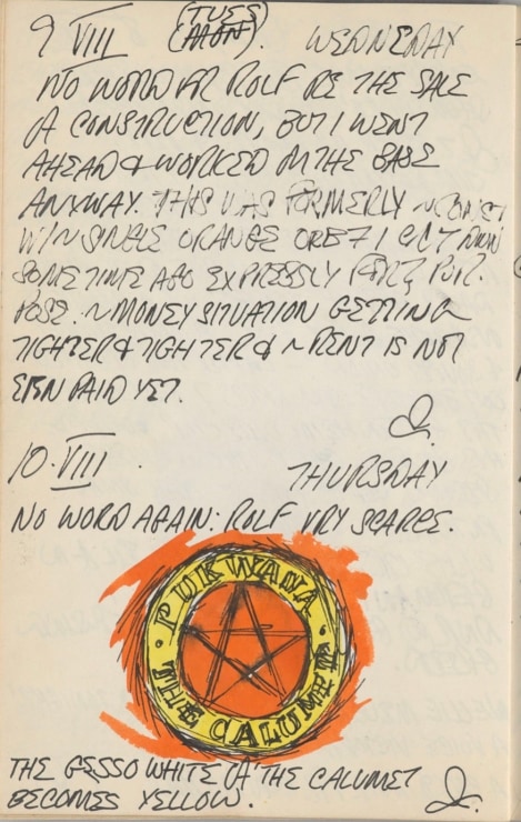 Journal page for August 9–10, 1961 with a color sketch of a detail from the painting The Calumet