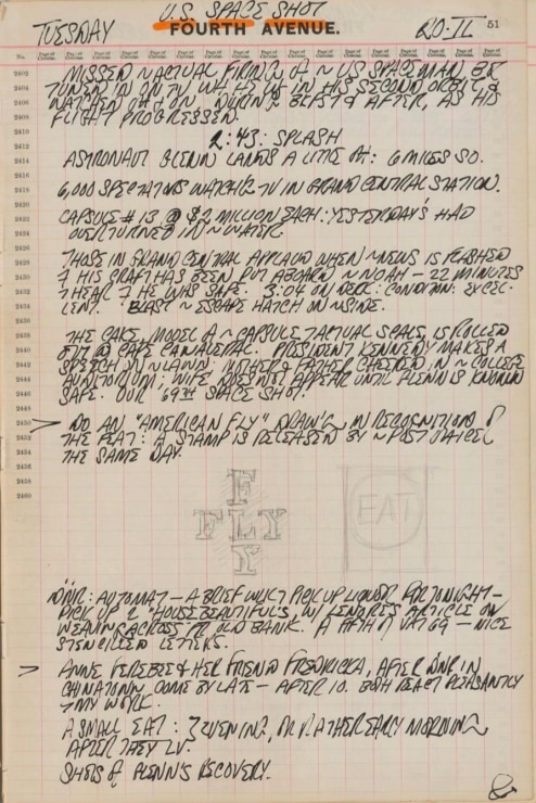 Journal page for February 20, 1962, with black and white sketches of a detail from the rubbing American Fly and of a small Eat painting