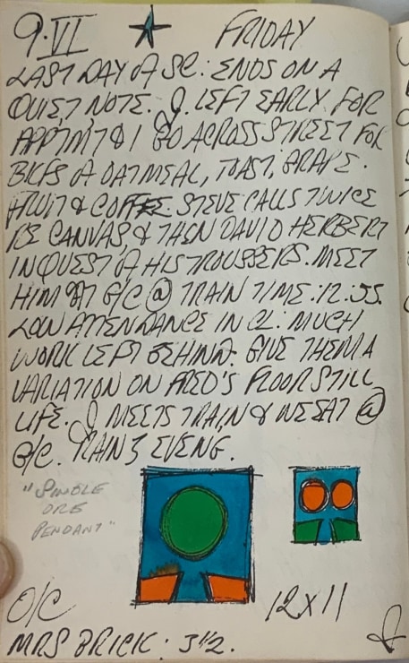 Journal page for June 9, 1961, with color sketches of two panels from the triptych Ra