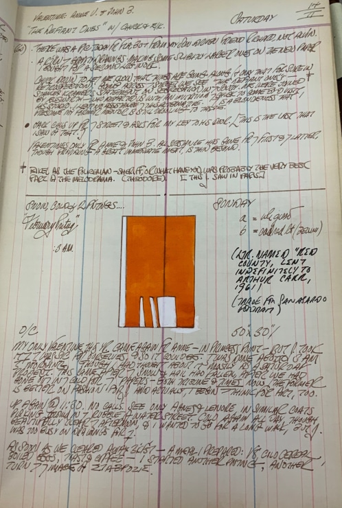 Journal page for February 14, 1959, and February 14, 1960, with a color sketch of the painting Red County