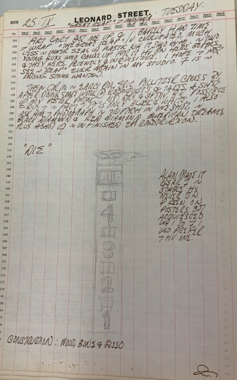 Journal page for September 25, 1962, with a pencil sketch of the sculpture Die