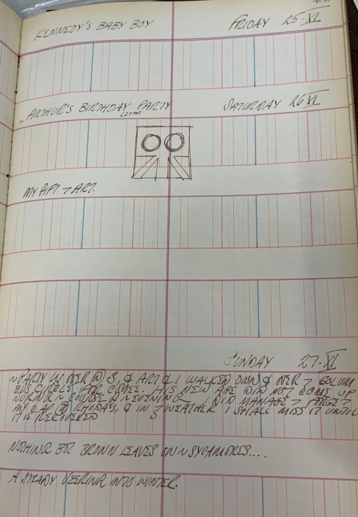 Journal page for November 25–27, 1960 with a rough sketch of a small untitled abstract painting