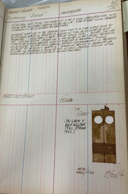 Journal page for March 25, 1959, and March 25, 1960, with a color sketch of the sculpture The Virgin