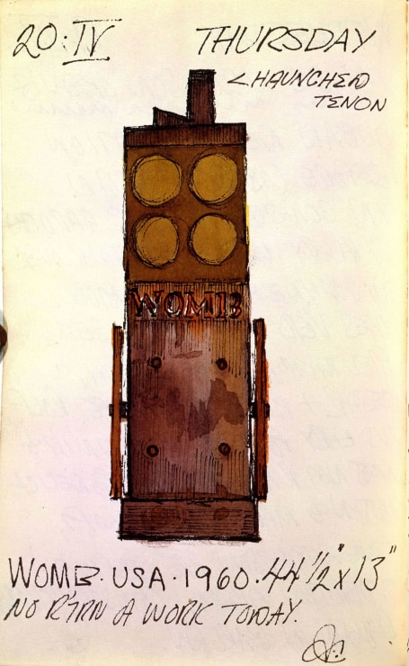 Journal page for April 20, 1961 with text and a large color sketch of the sculpture Womg
