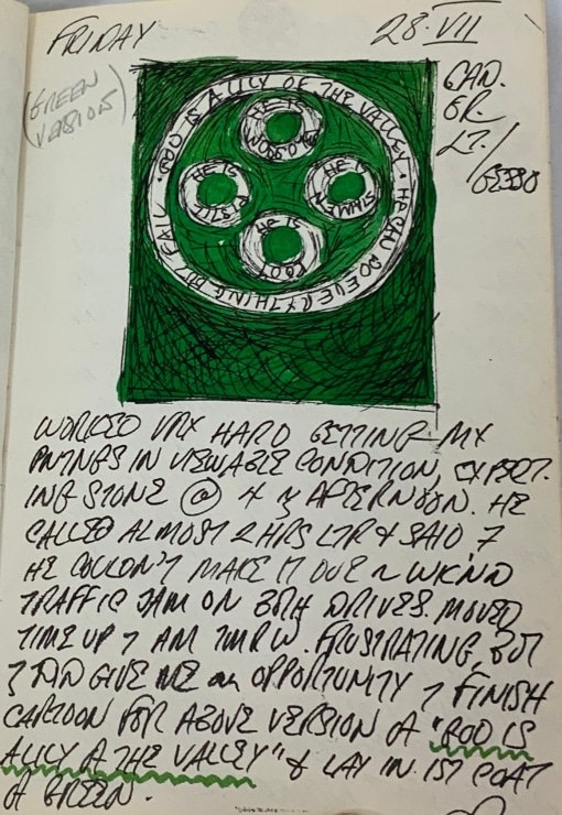 Journal page for July 28, 1961, with a sketch of the green God Is a Lily of the Valley painting