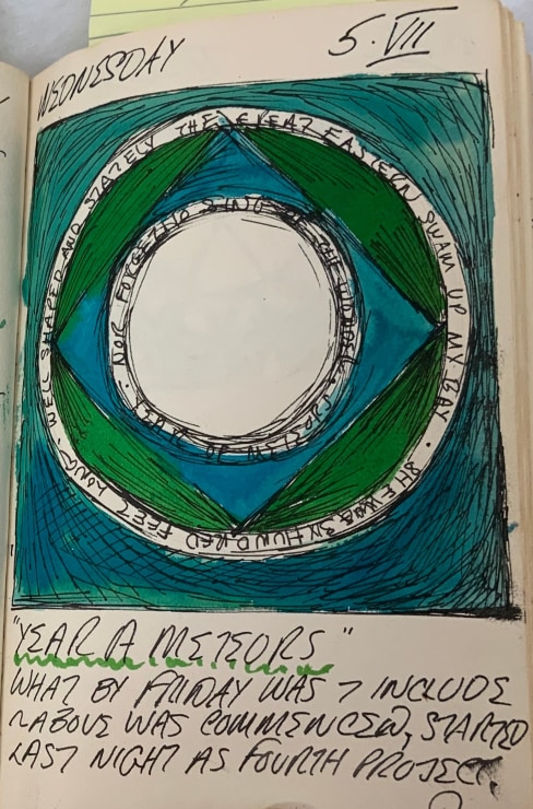 Journal page for July 5, 1961, with a color sketch of an unfinished version of Year of Meteors
