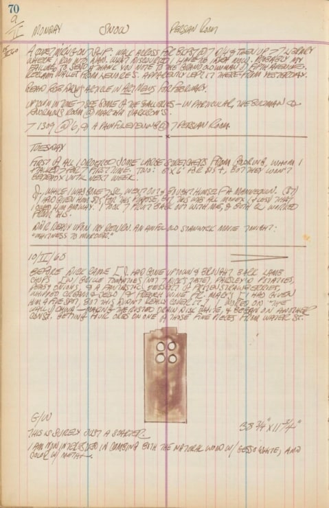 Journal page for February 9, 1959, and February 9–10, 1960, with a color sketch of an early state of the sculpture Pair