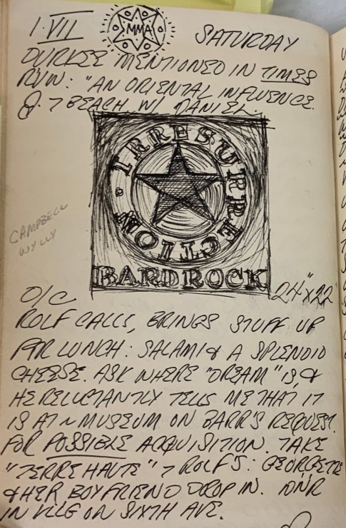 Journal page for July 1, 1961, with a black and white sketch of the painting Bardrock