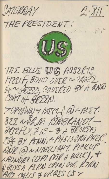 Journal page for December 2, 1961, with a color sketch of detail of the painting A Divorced Man Has Never Been the President