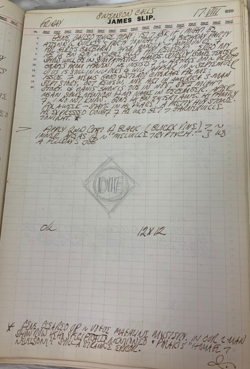Journal page for August 17, 1962 with a small sketch of a small diamond shaped painting with the word DIE