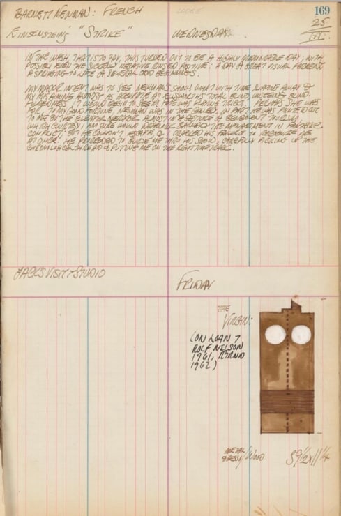 Journal page for March 25, 1959, and March 25, 1960, with a color sketch of the sculpture The Virgin
