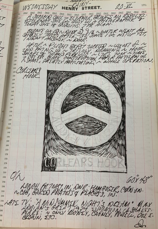 Journal page for June 20 1962, with a sketch of an early state of the Corlears Hook panel from The Melville Triptych