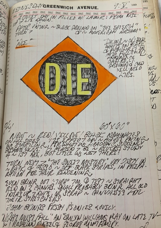 Journal page for May 9, 1962, with a color sketch of the The Red Diamond Die panel from the diptych The Green Diamond Eat/The Red Diamond Die