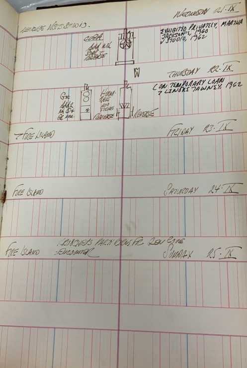 Journal page for September 21–25, 1960, with small black and white sketches of three sculptures: Cuba, Ge, and Zig
