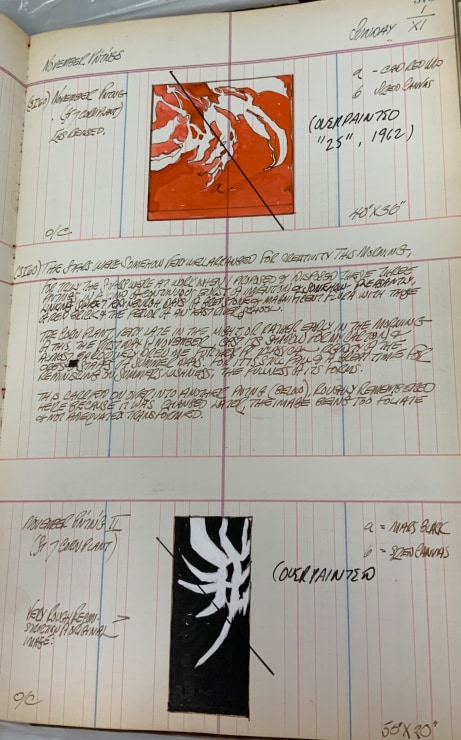 Journal page for November 1, 1959 with color sketches of two abstract paintings, one red and white and one black and white