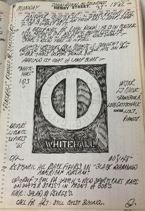 Journal page for June 18, 1962, with a black and white sketch of an early state of the Whitehall panel from The Melville Triptych