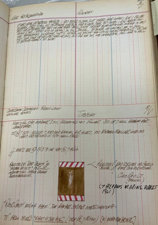 Journal page for May 3, 1959, and May 3, 1960, with a color sketch of an early version of the wall sculpture Marine Works