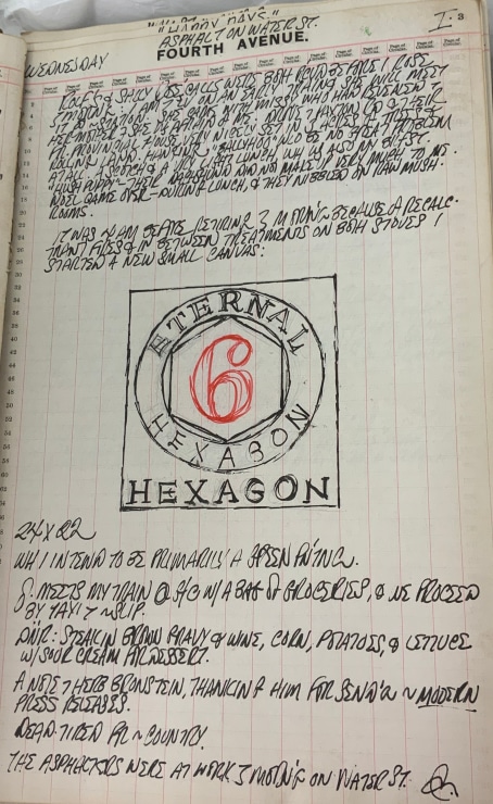 Journal page for January 3, 1962, with a sketch of the painting Polygon: Hexagon