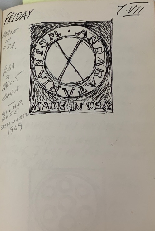 Journal page for July 7, 1961, with a black and white sketch of the painting Made In USA