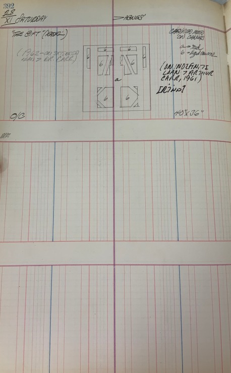 Journal page for November 28, 1959 with a black and white sketch of the painting The Gift, with letters indicating the placement of the different colors