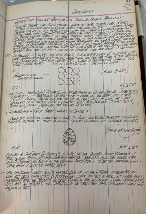 Journal page for January 10, 1959, with a sketch of the orbs from Nine Golden Orbs, and a sketch of egg shape for an unknown painting