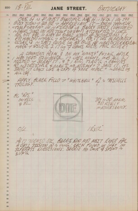 Journal page for August 18, 1962, with a black and white sketch of the painting Die
