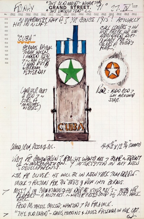 Journal page for April 27, 1962 including text and a color sketch of the sculpture Cuba as well as a sketch of a star in a red circle