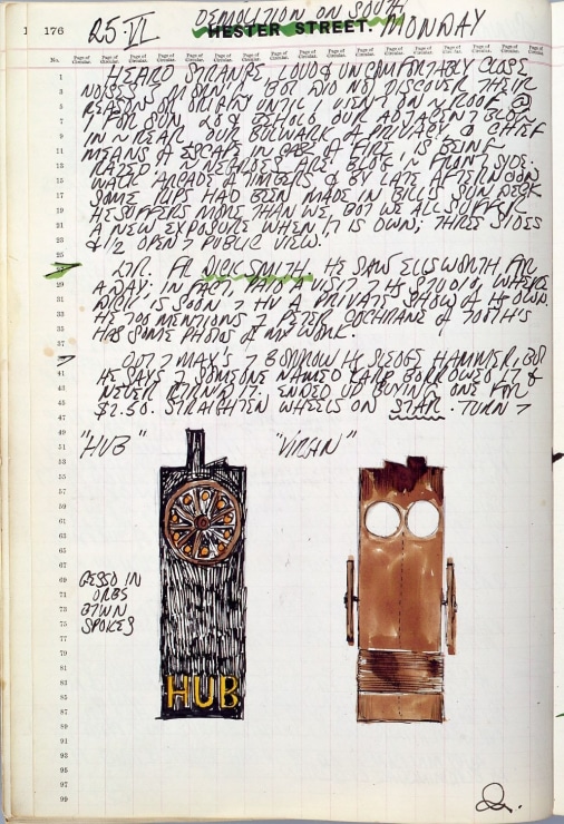 Journal page for June 25, 1962 featuring text and color sketches of two sculptures: Hub and Virgin.