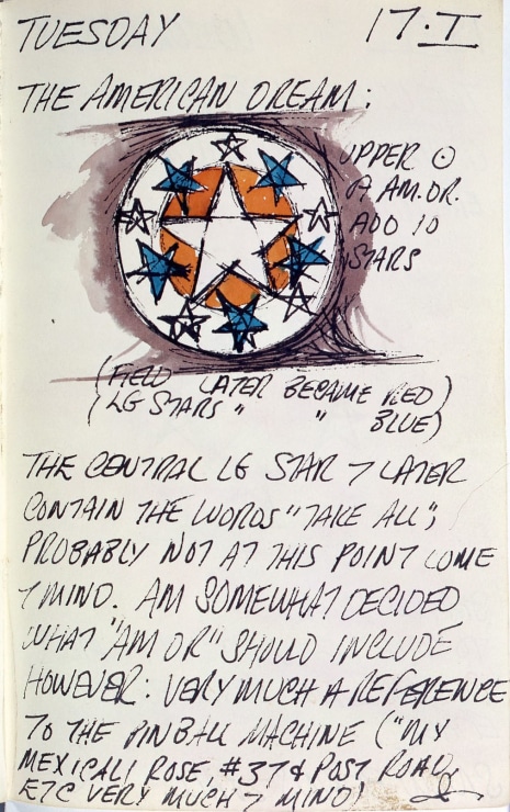 Journal page for January 17, 1961 containing text and a color sketch of the upper circle of the painting American Dream, I