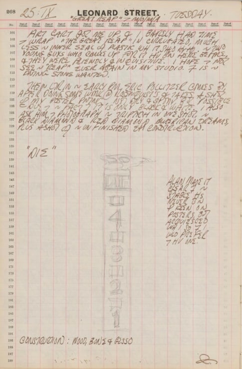 Journal page for September 25, 1962, with a pencil sketch of the sculpture Die