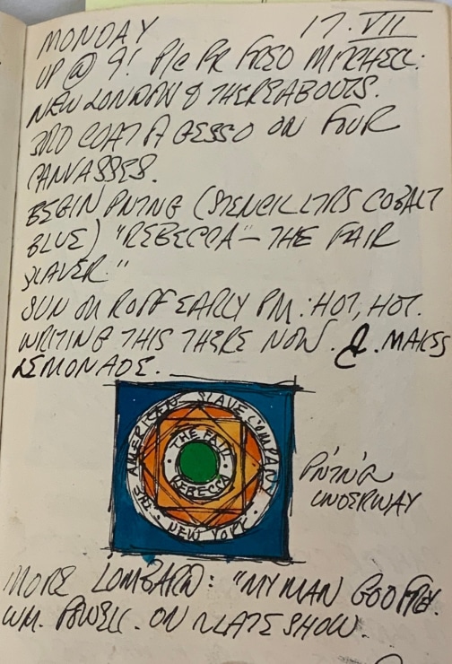 Journal page for July 17, 1961, with a color sketch of the painting The Fair Rebecca