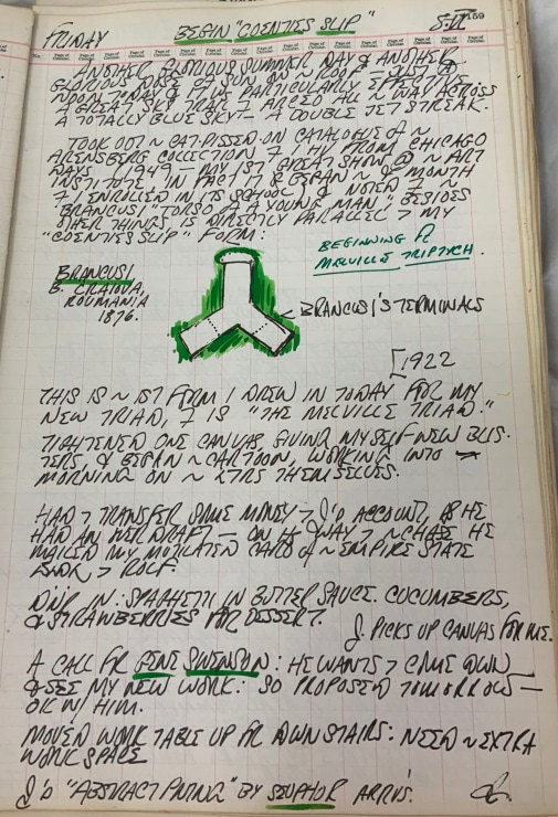 Journal page for June 8, 1962, with a small sketch of Brancusi's sculpture Torso of a Young Man