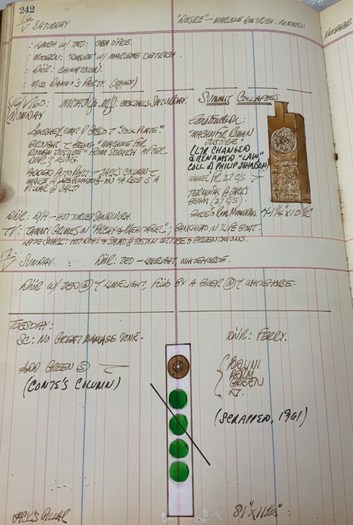 Journal page for May 16–17, 1959, and May 16–17, 1960 with color sketches of two sculptures