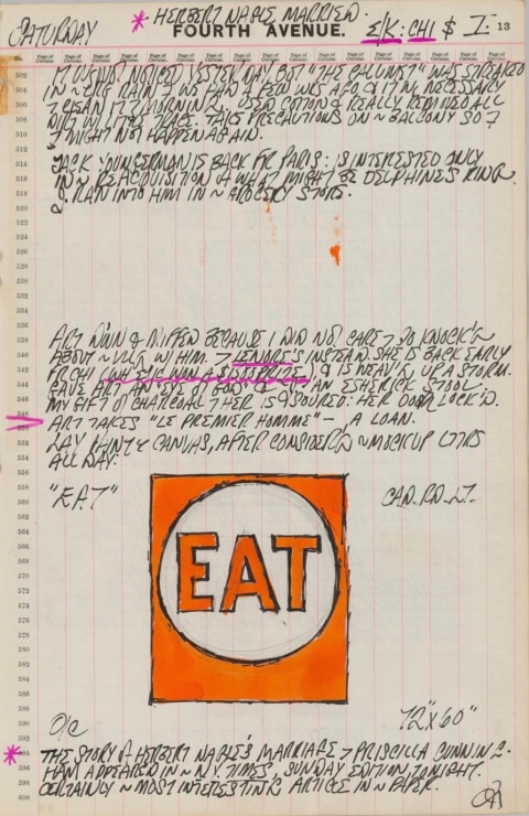 Journal page for January 13, 1962, with a color sketch of the Eat panel from the painting Eat/Die