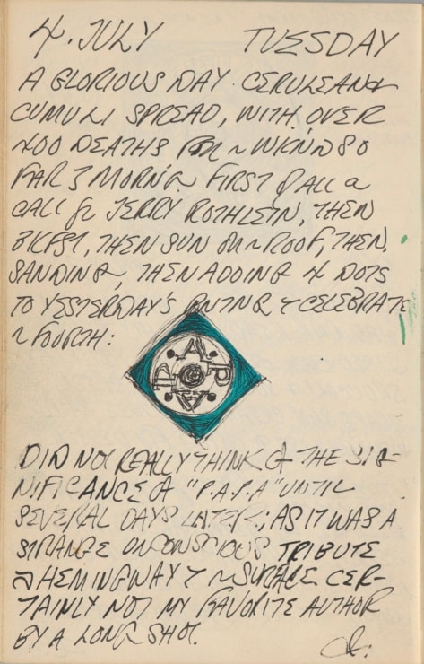 Journal page for July 4, 1961, with a sketch of a detail from the painting Beating Hearts (Papa)