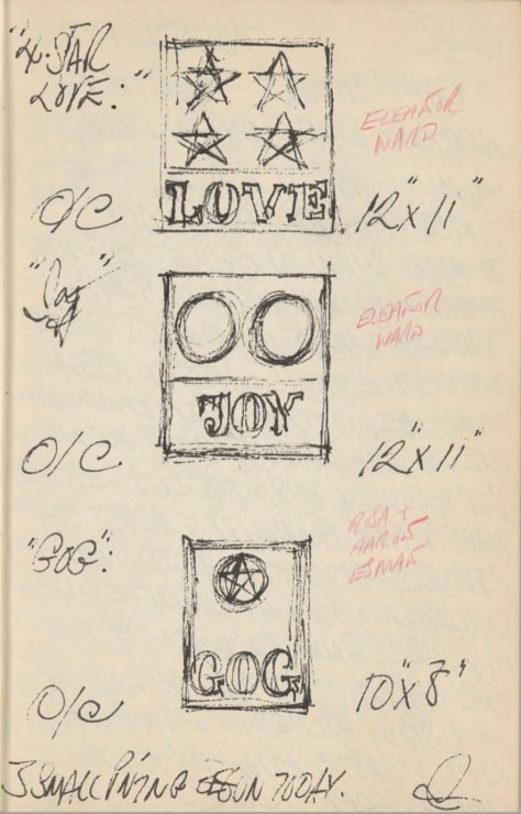 Page from Indiana's journal entry for June 5, 1961, with black and white sketches of four paintings: 4-Star Love, Joy, and Gog