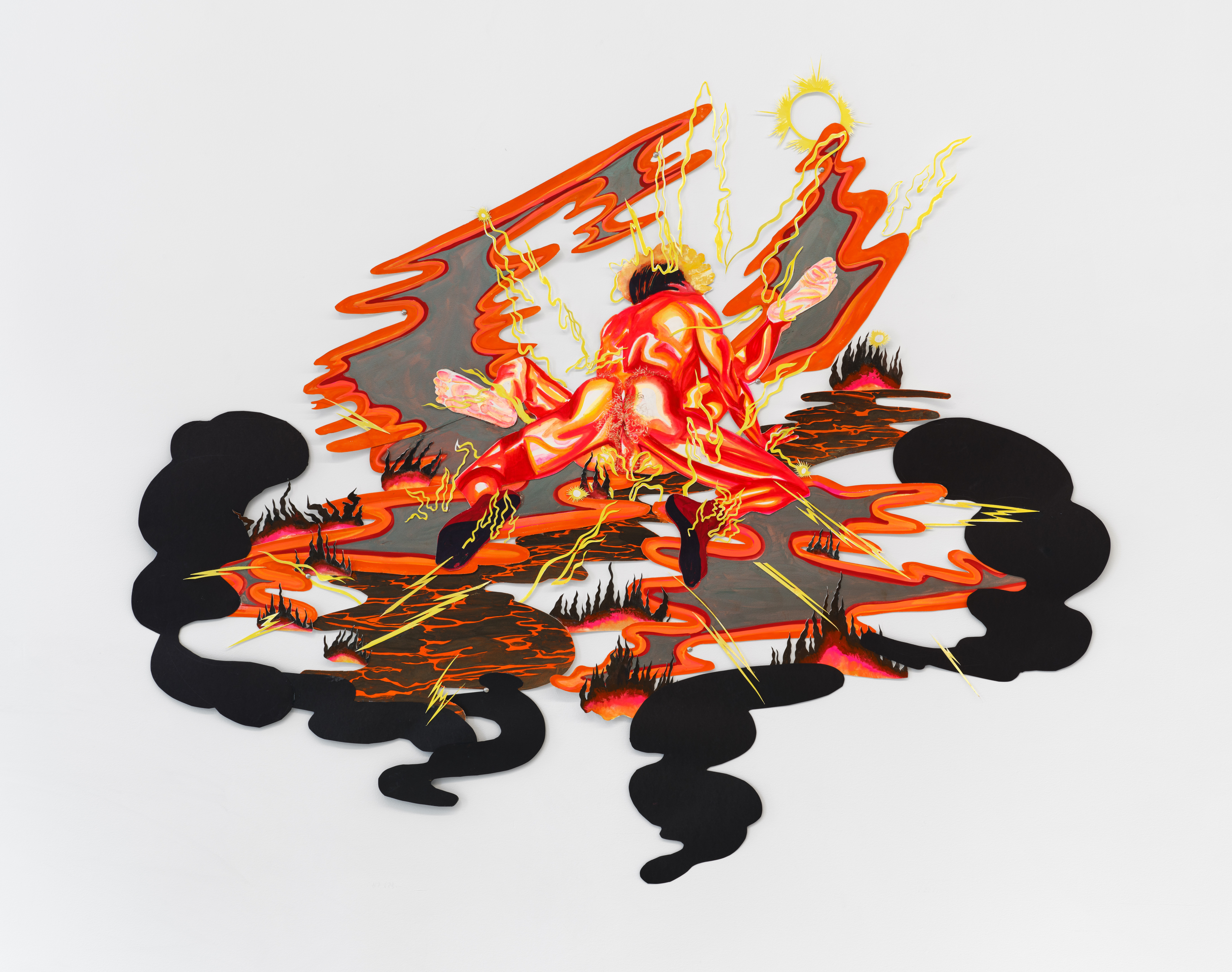Two nude figures cut out of paper engage in an intimate act that ripples into orange and black pools of lava that surround them.