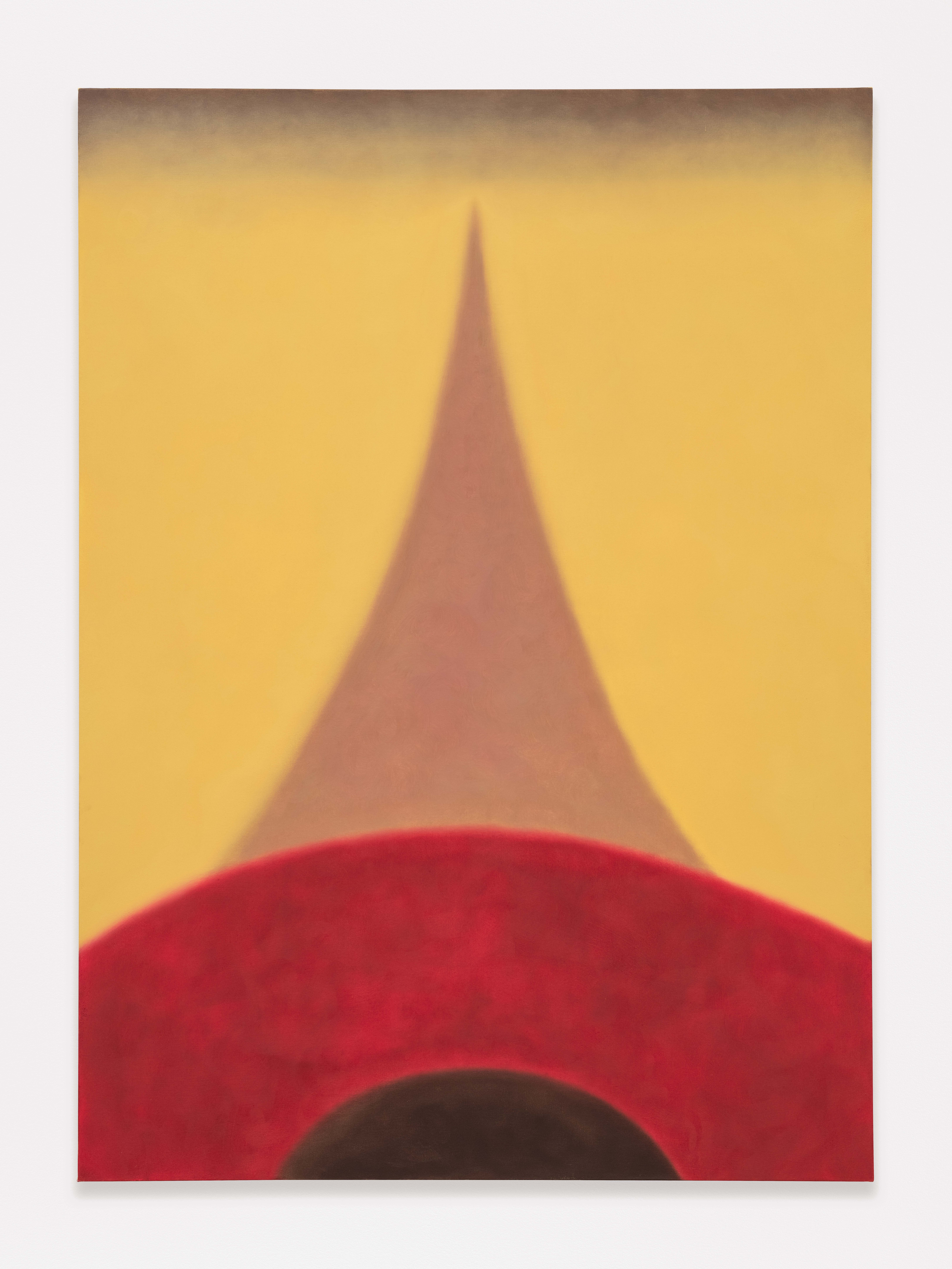 A painting with a rounded red shape at the bottom and a dusty pink triangular shape emerging against a yellow background.