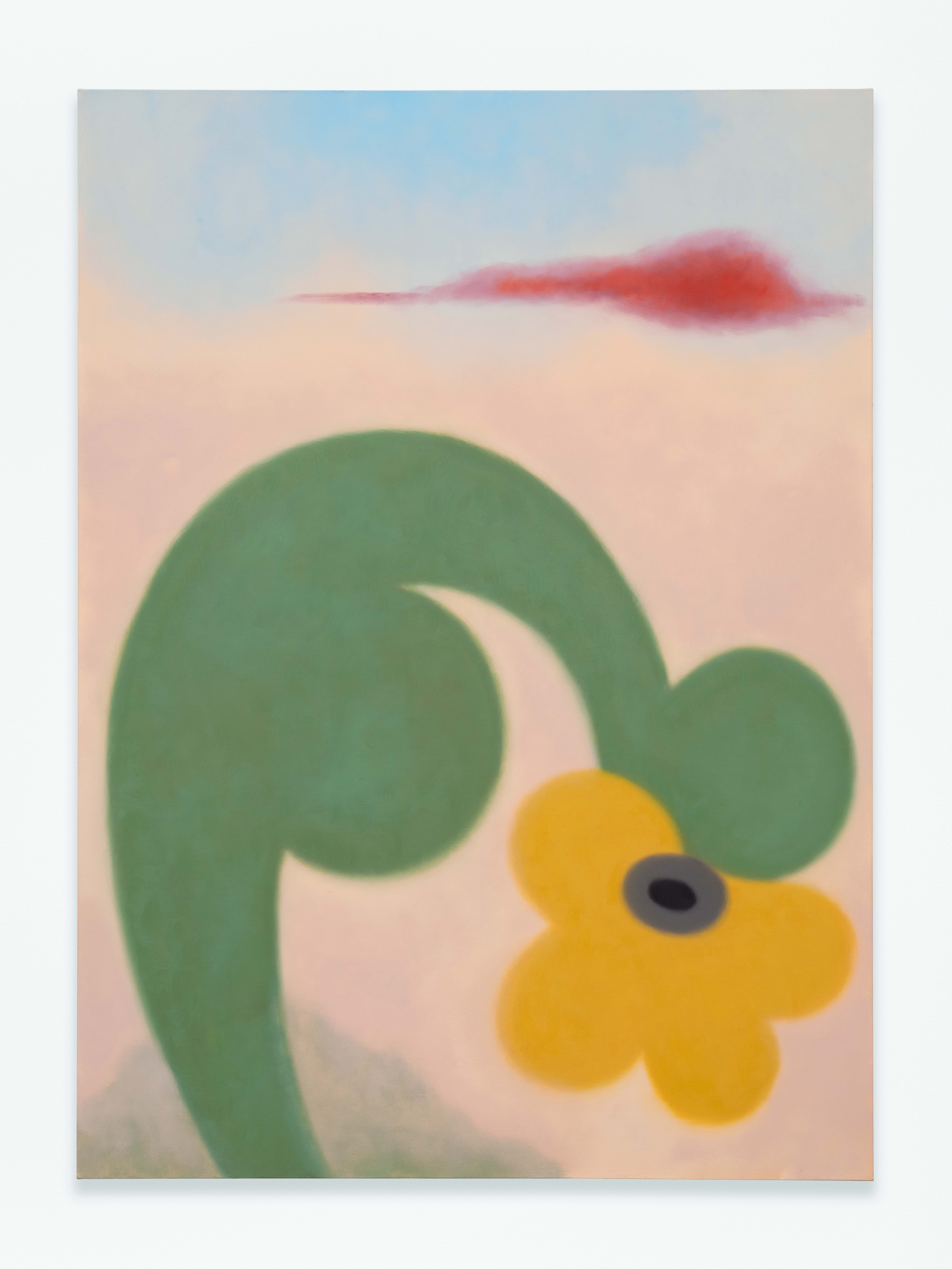 A painting of a green rounded anthropomoprhic figure with a yellow flower against a pink background.