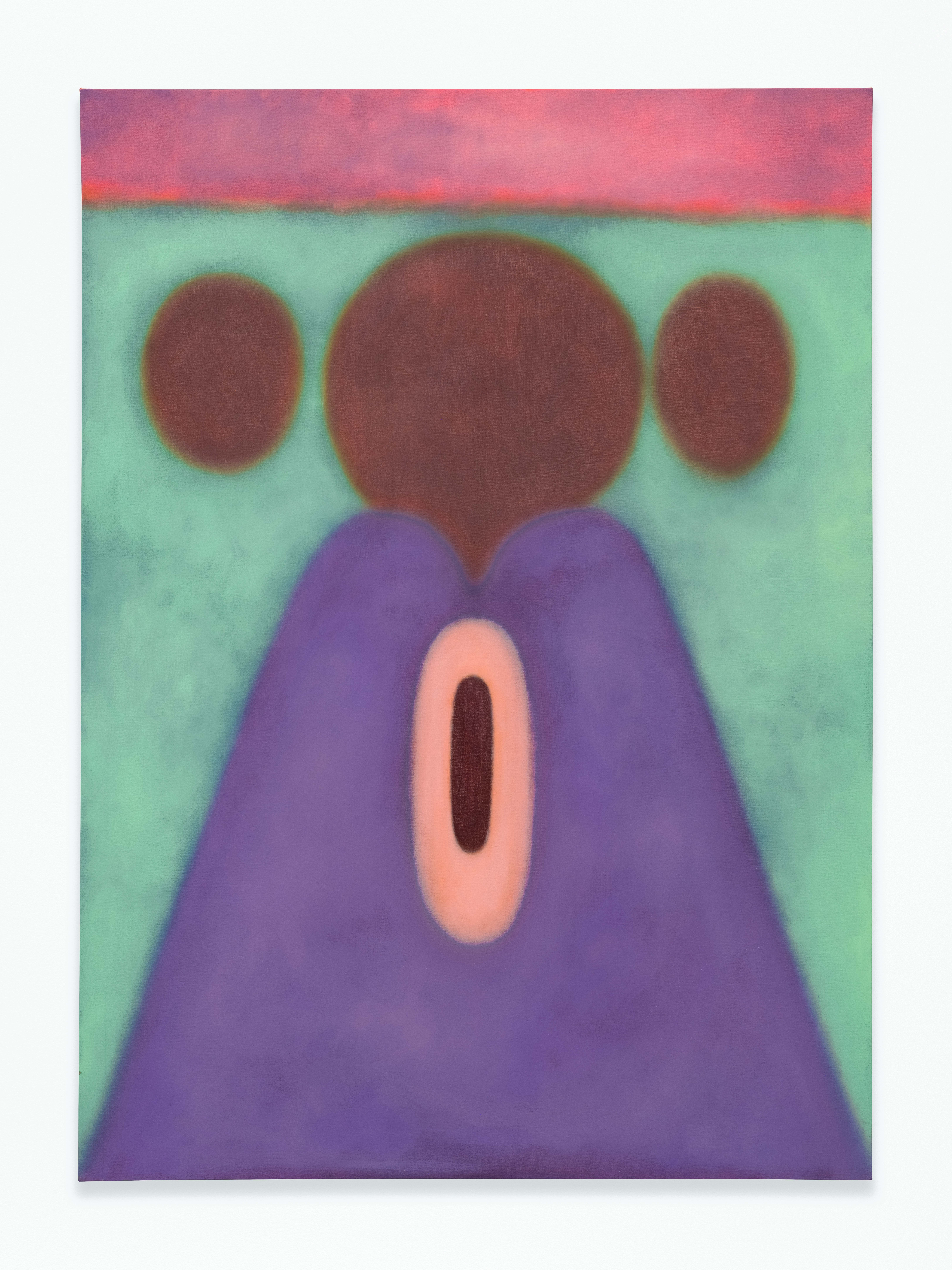 A painting of a purple mountainous shape with a pink circular shape against a teal and pink background.