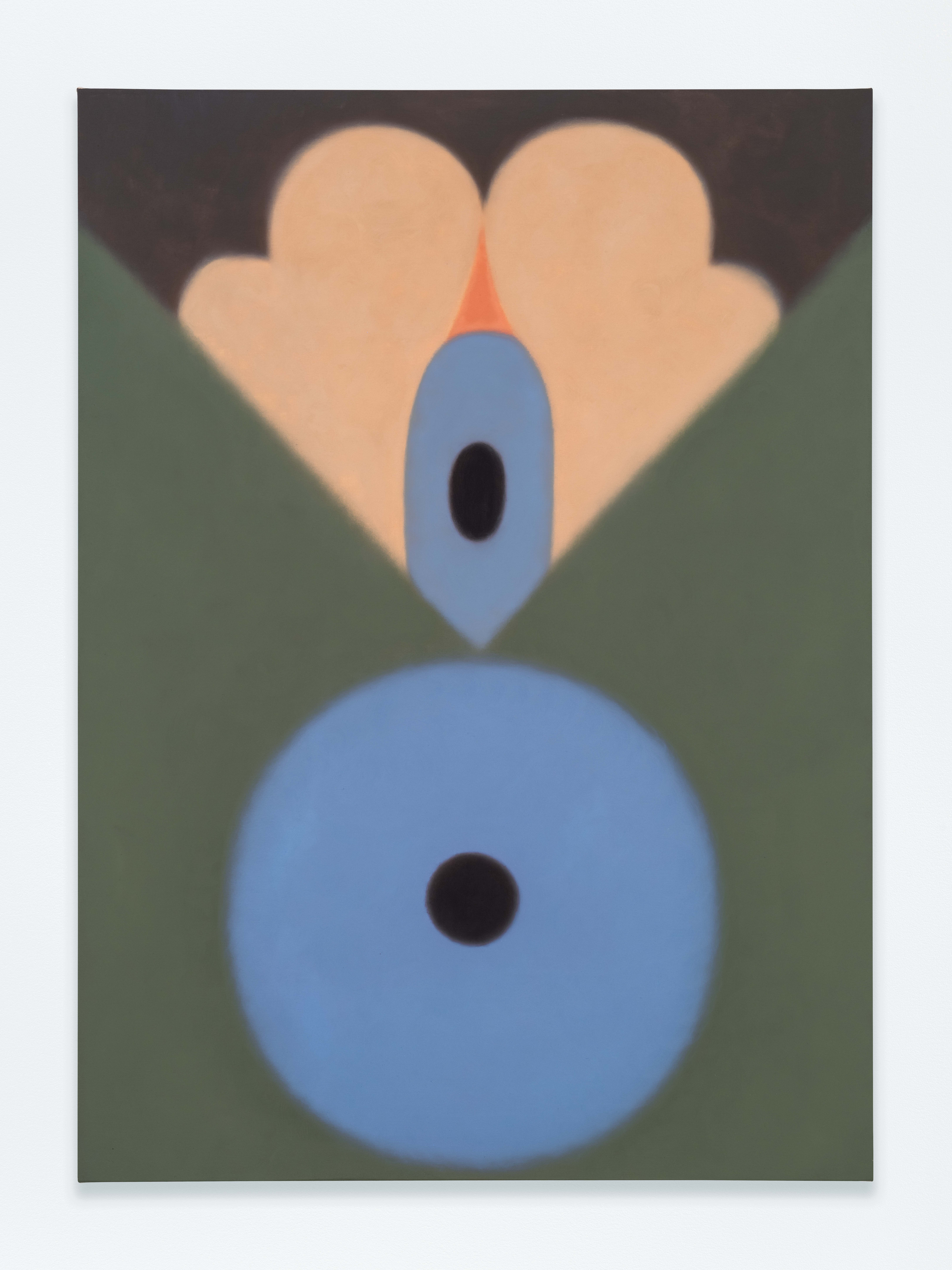 A painting with rounded blue and pink shapes between a triangular green valley.