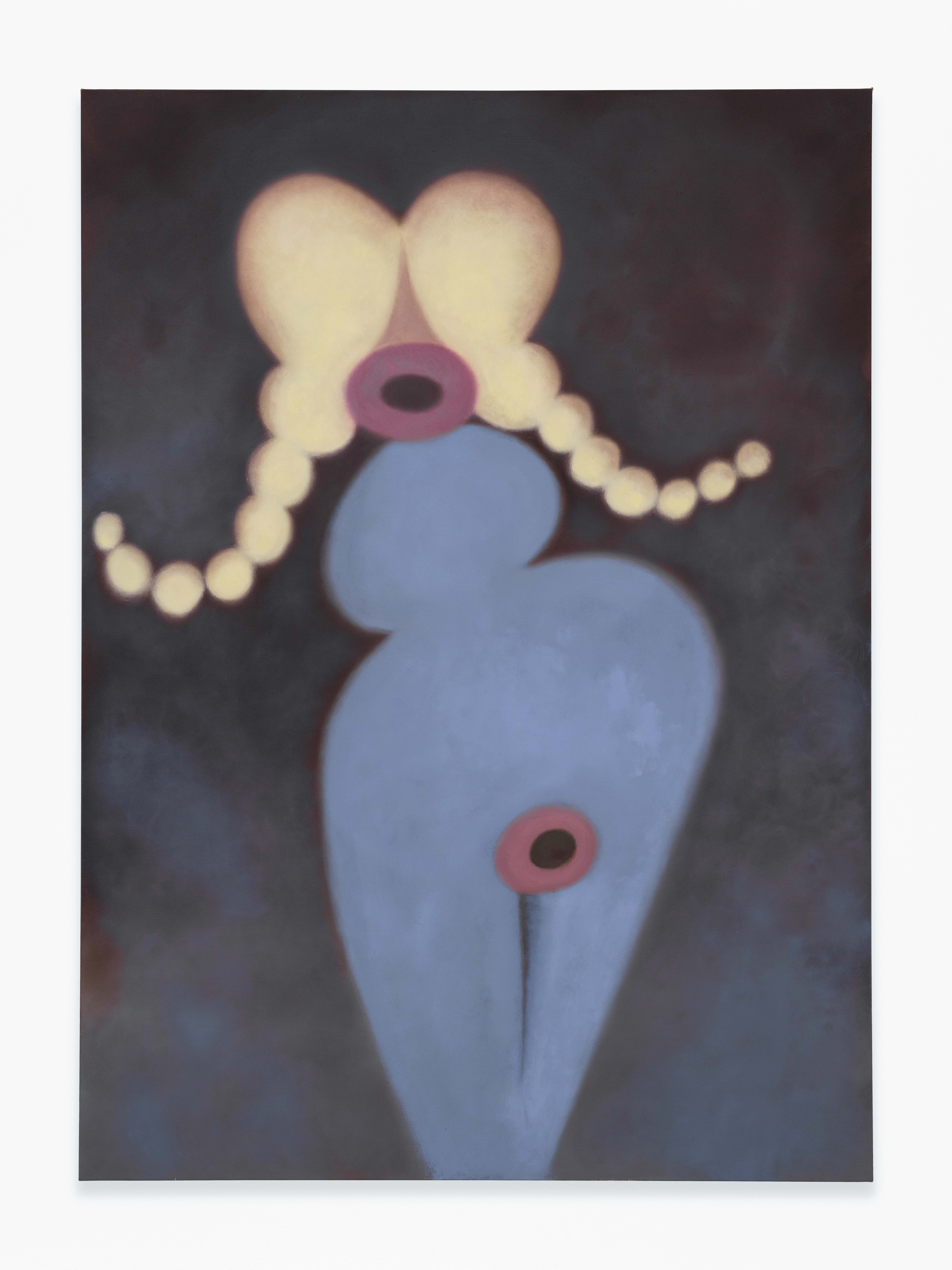 A painting of an amorphous blue figure with blonde bulbous hair and mauve and black orifices.