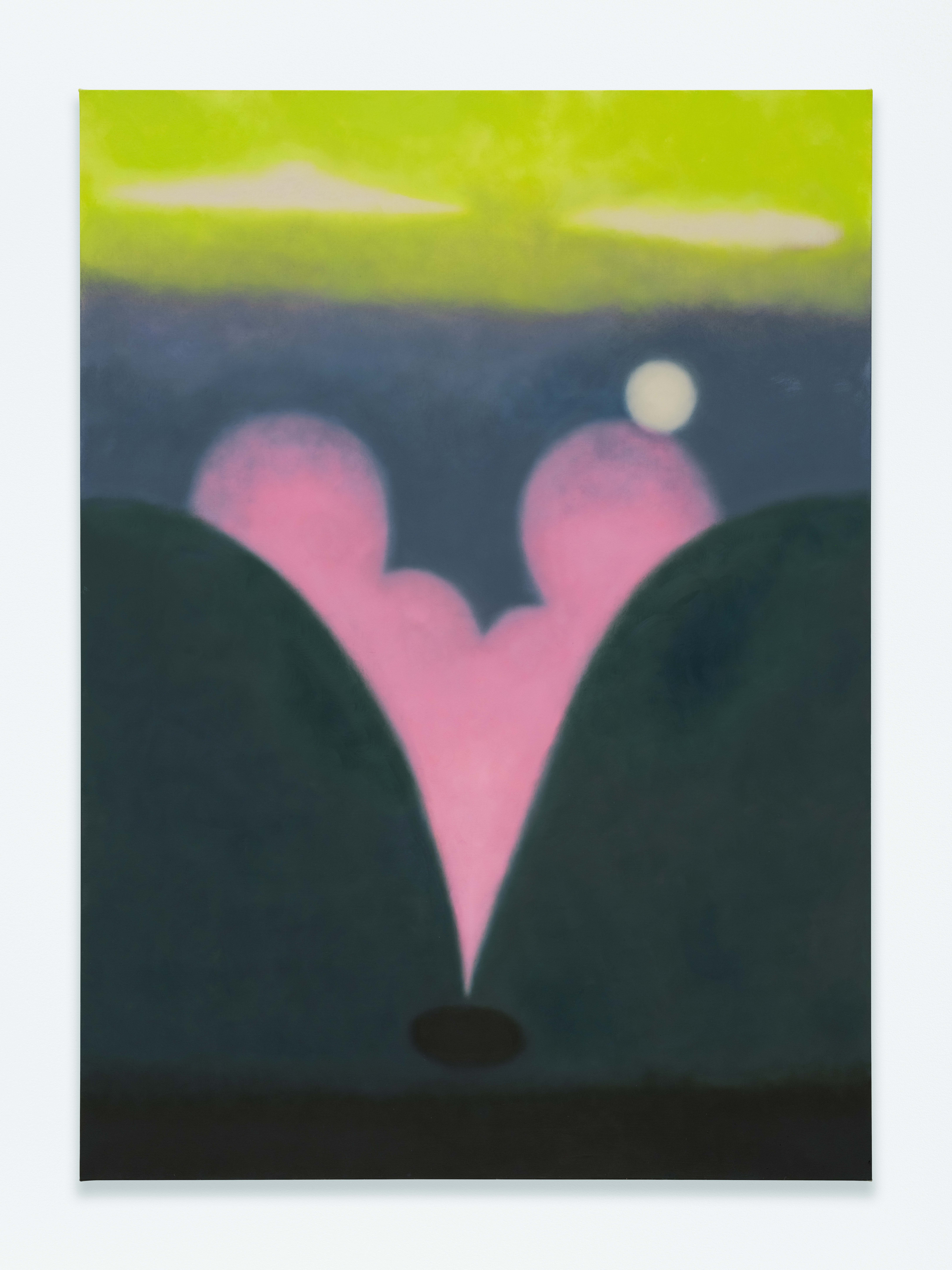 A painting of rounded green and purple shapes with clouds and a moon.